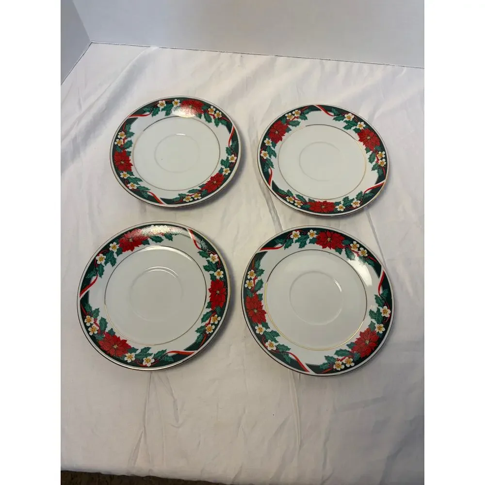 VTG Tienshan Deck the Halls China. set of 4 teacup & saucers, Christmas, holiday